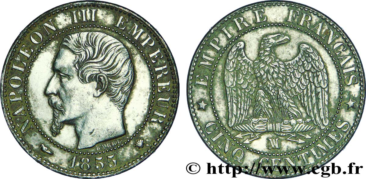 Cinq centimes Napoléon III, tête nue, différent levrette 1855 Marseille F.116/26 TTB 