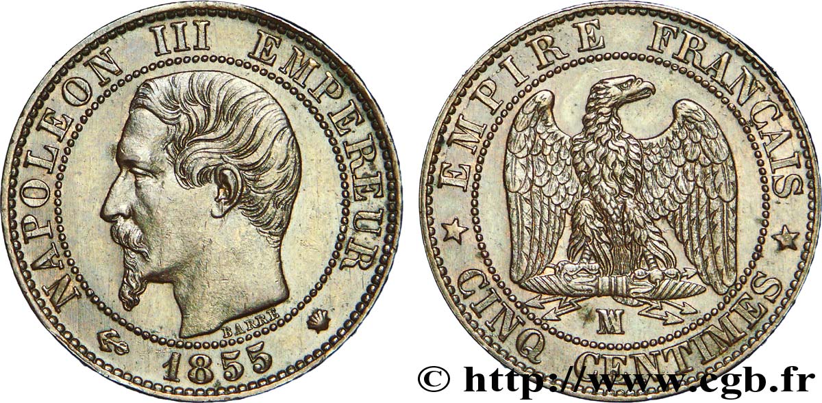 Cinq centimes Napoléon III, tête nue, différent ancre 1855 Marseille F.116/27 AU 