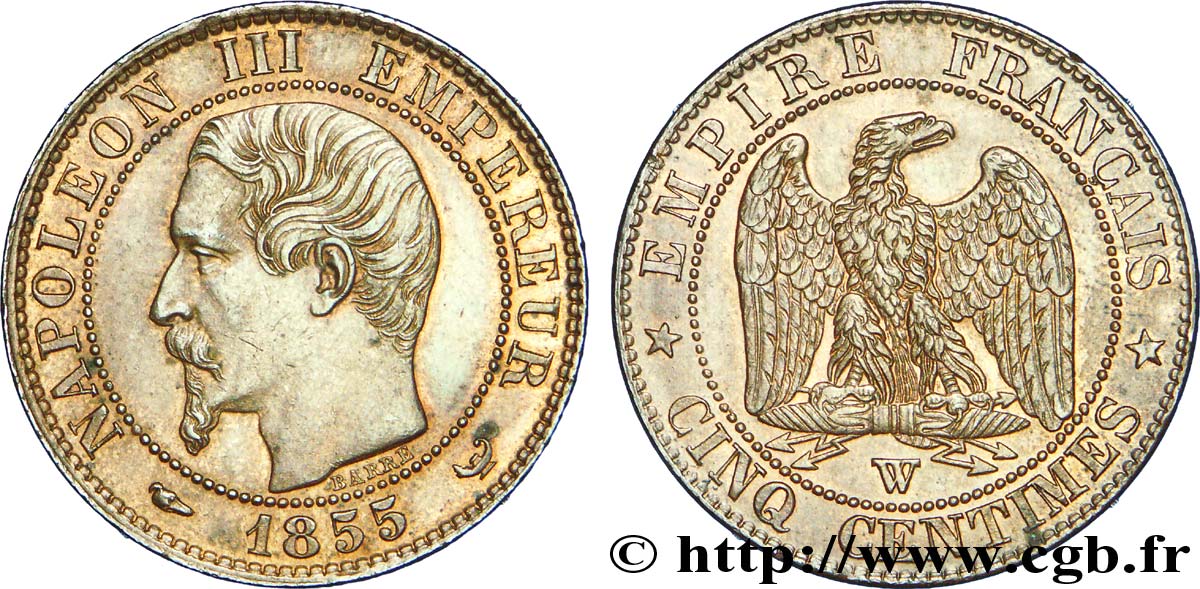 Cinq centimes Napoléon III, tête nue, différent levrette 1855 Lille F.116/28 EBC 