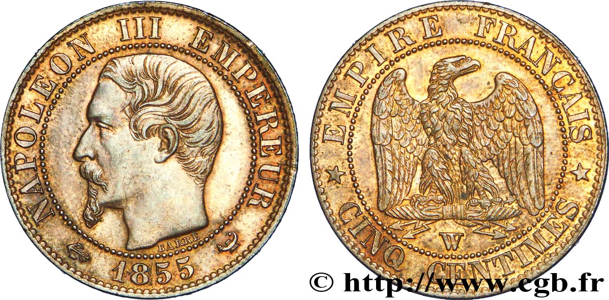 Cinq centimes Napoléon III, tête nue, différent ancre 1855 Lille F.116/29 AU 