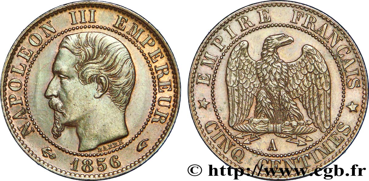 Cinq centimes Napoléon III, tête nue 1856 Paris F.116/30 VZ 