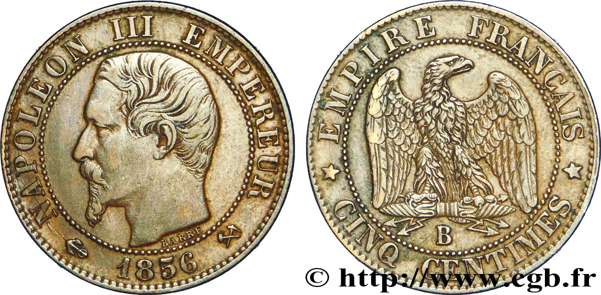 Cinq centimes Napoléon III, tête nue 1856 Rouen F.116/31 TTB 