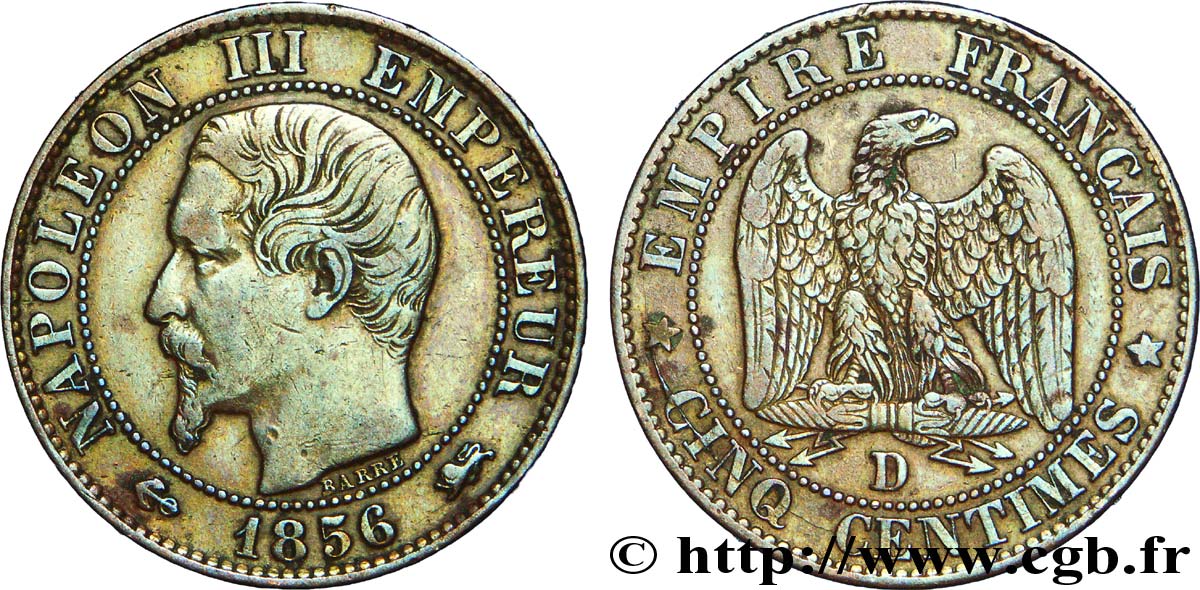 Cinq centimes Napoléon III, tête nue 1856 Lyon F.116/33 MBC 