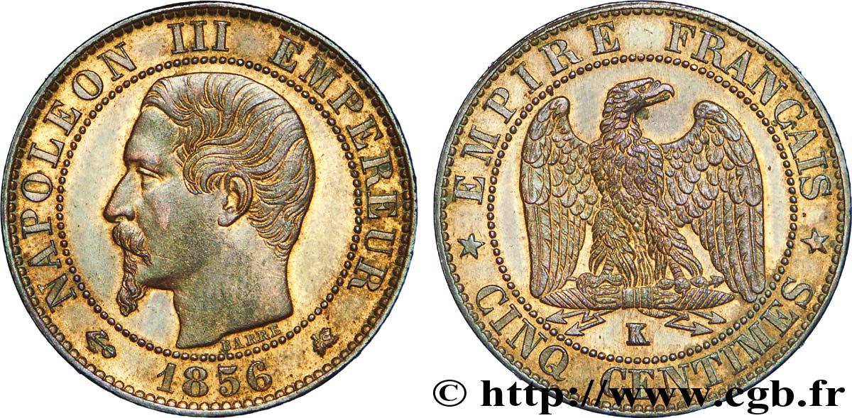 Cinq centimes Napoléon III, tête nue 1856 Bordeaux F.116/34 VZ 
