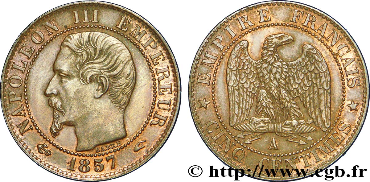 Cinq centimes Napoléon III, tête nue 1857 Paris F.116/37 EBC 