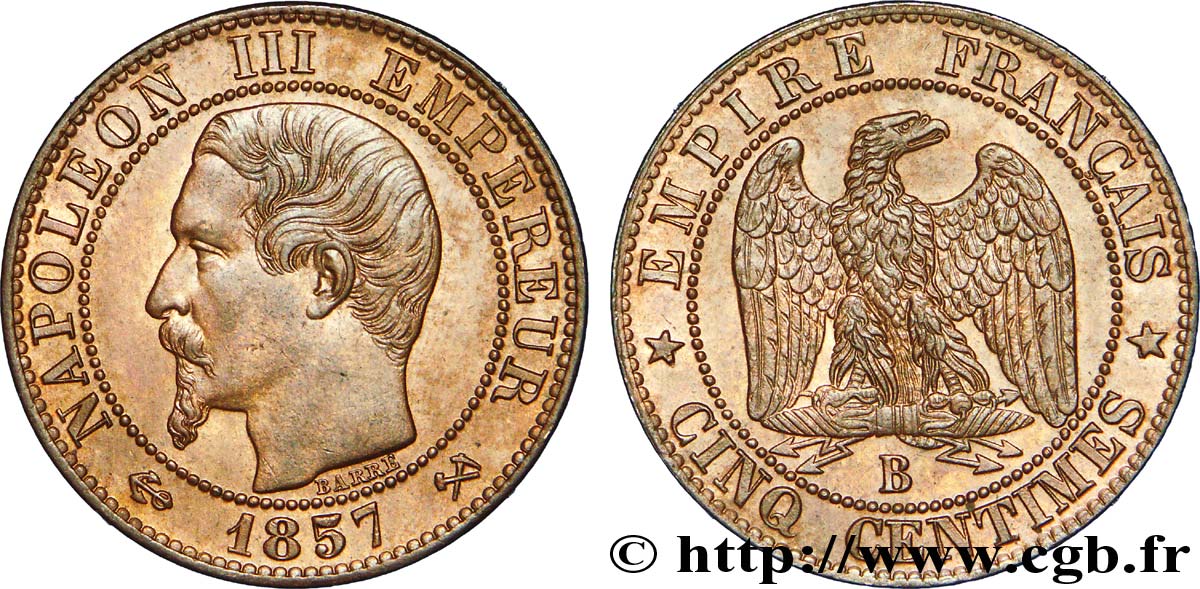 Cinq centimes Napoléon III, tête nue 1857 Rouen F.116/38 VZ 