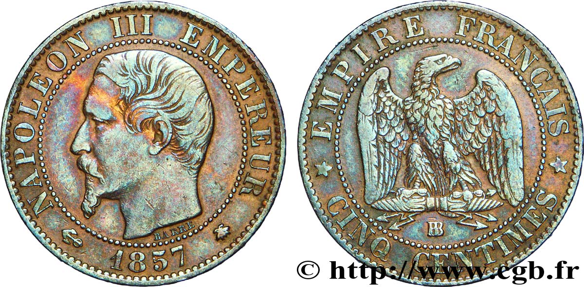Cinq centimes Napoléon III, tête nue 1857 Strasbourg F.116/39 TTB 
