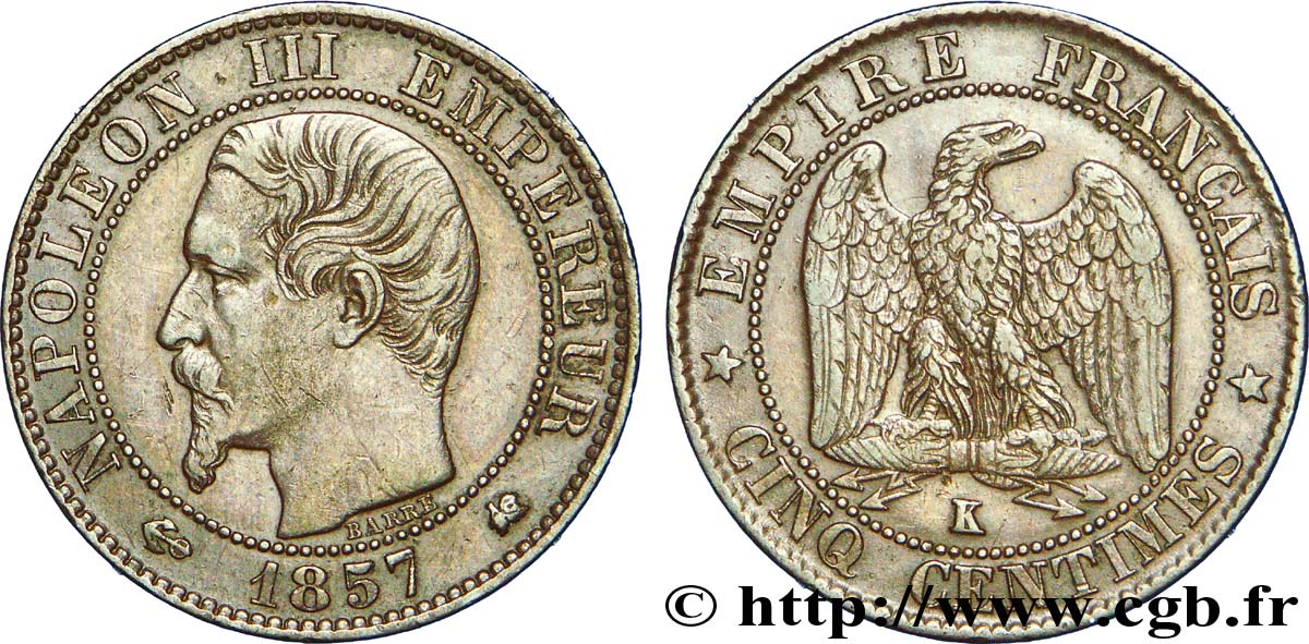 Cinq centimes Napoléon III, tête nue 1857 Bordeaux F.116/41 SS 