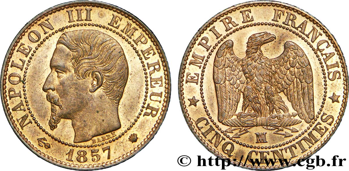 Cinq centimes Napoléon III, tête nue 1857 Marseille F.116/42 VZ 