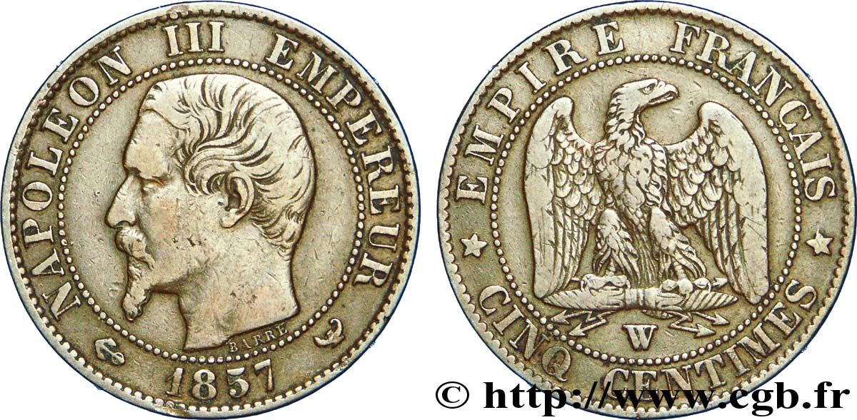 Cinq centimes Napoléon III, tête nue 1857 Lille F.116/43 TB 
