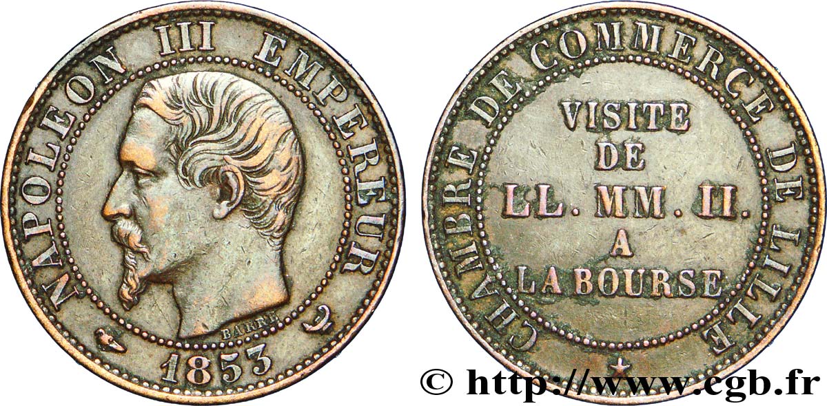 Module de Cinq centimes Napoléon III, tête nue, Visite impériale à Lille les 23 et 24 septembre 1853 1853 Lille VG.3367  MBC 