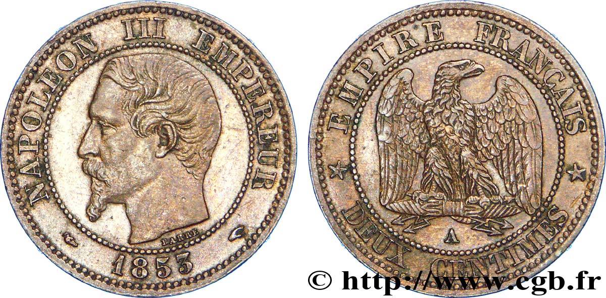 Deux centimes Napoléon III, tête nue 1853 Paris F.107/1 MBC 