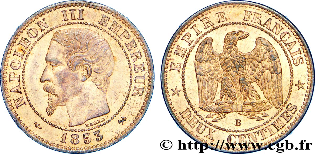 Deux centimes Napoléon III, tête nue 1853 Rouen F.107/2 AU 