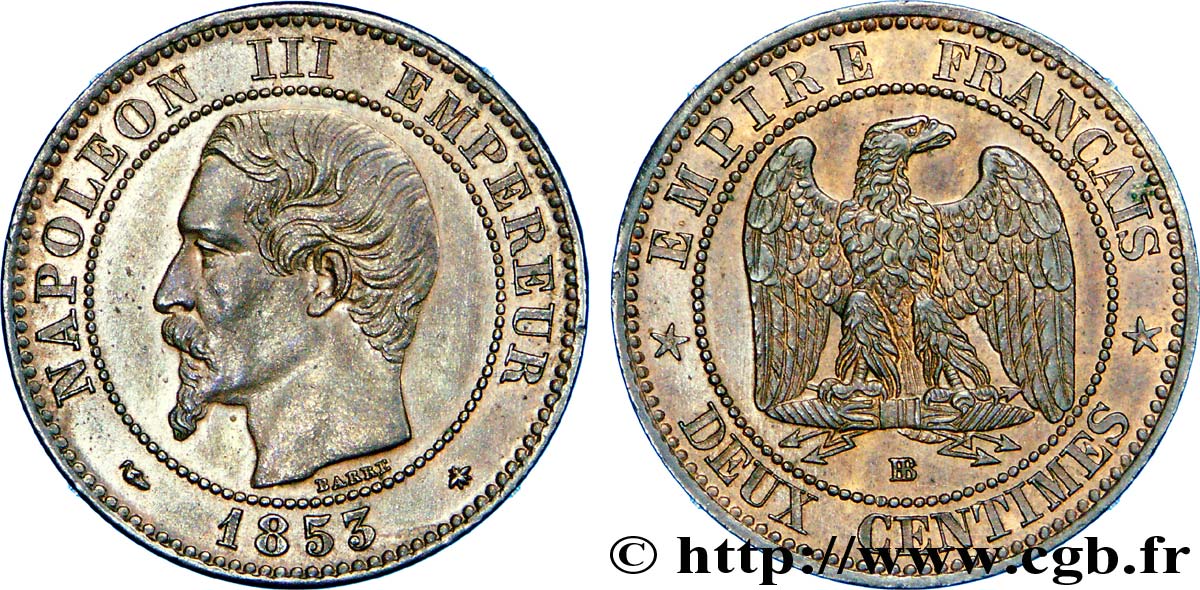 Deux centimes Napoléon III, tête nue 1853 Strasbourg F.107/3 SPL 