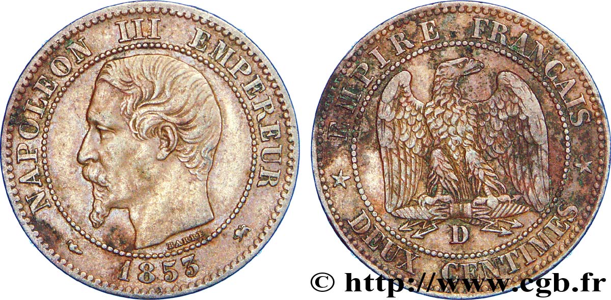 Deux centimes Napoléon III, tête nue, grand D et petit lion 1853 Lyon F.107/4 SS 