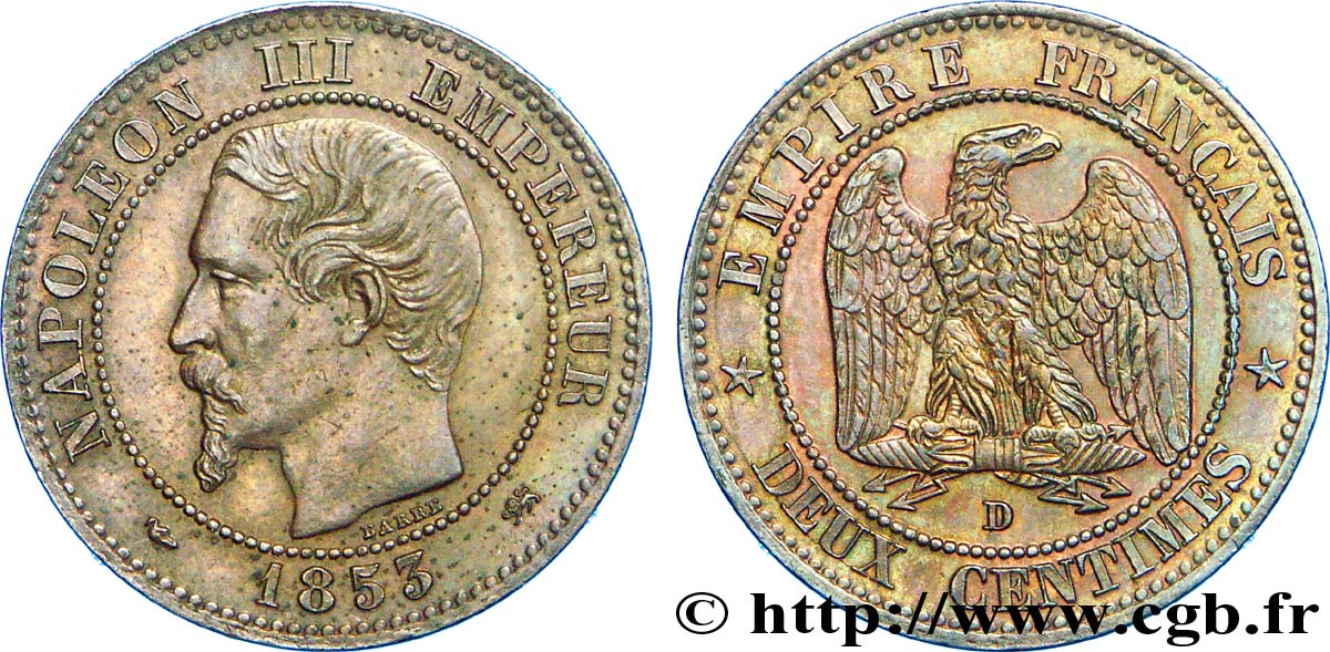 Deux centimes Napoléon III, tête nue, petit D et petit lion 1853 Lyon F.107/5 SS 