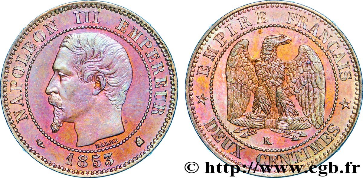 Deux centimes Napoléon III, tête nue 1853 Bordeaux F.107/6 VZ 