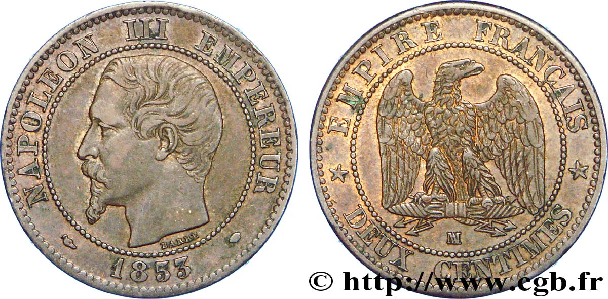 Deux centimes Napoléon III, tête nue 1853 Marseille F.107/7 AU 