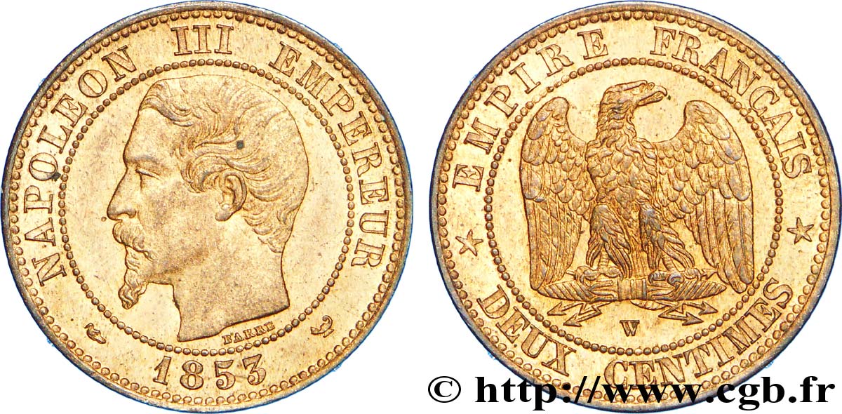 Deux centimes Napoléon III, tête nue 1853 Lille F.107/8 EBC 