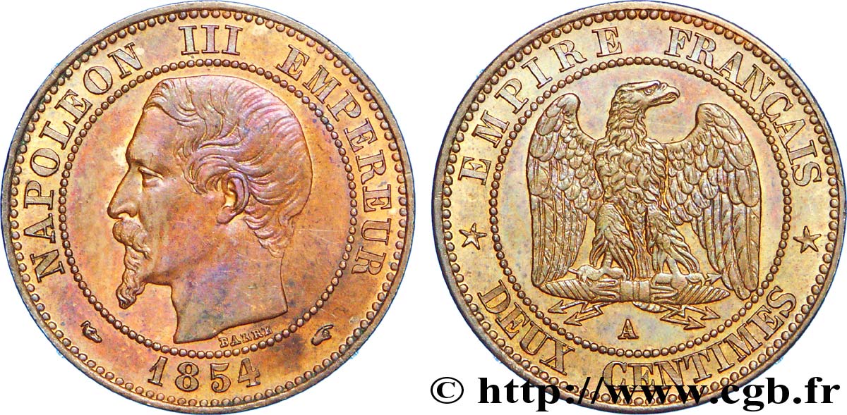 Deux centimes Napoléon III, tête nue 1854 Paris F.107/9 SUP 