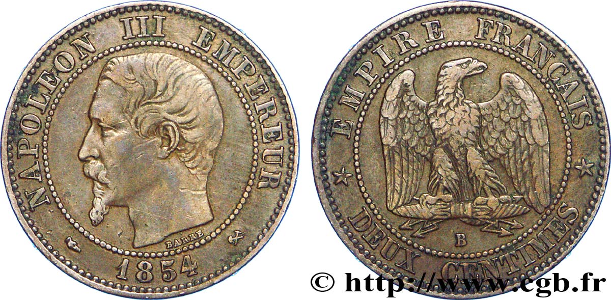 Deux centimes Napoléon III, tête nue 1854 Rouen F.107/10 MBC 