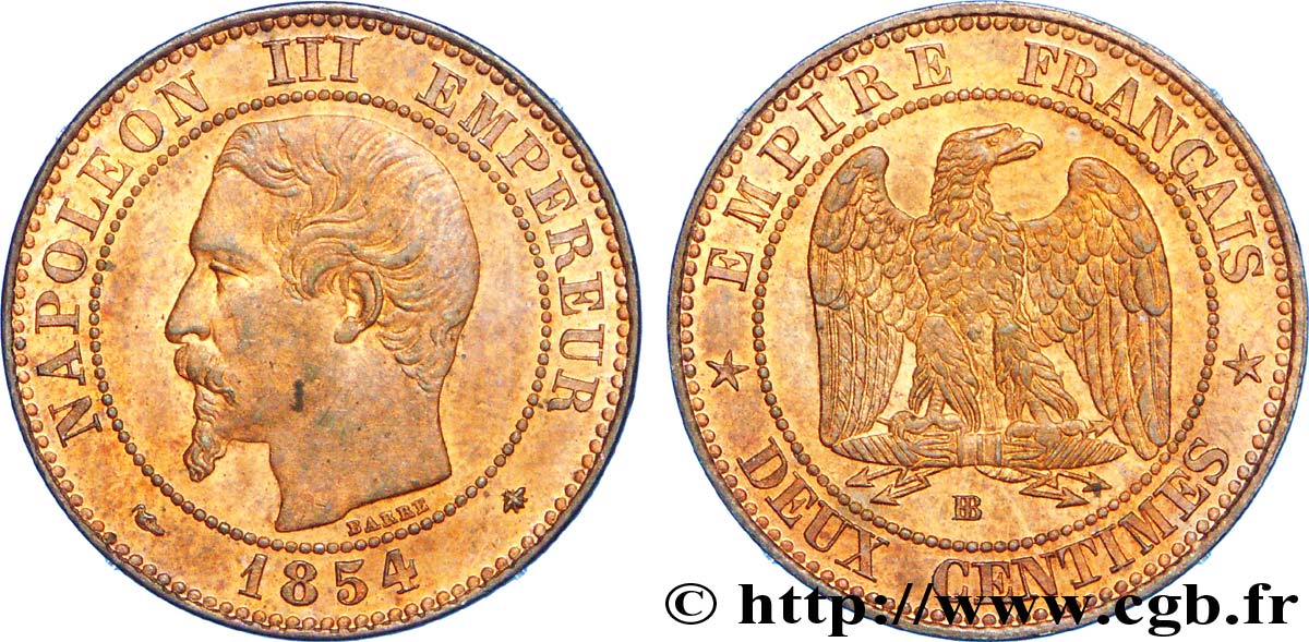 Deux centimes Napoléon III, tête nue 1854 Strasbourg F.107/11 VZ 