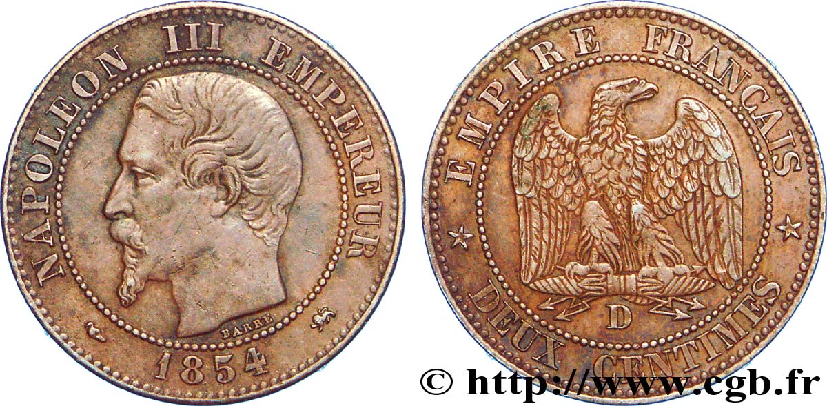 Deux centimes Napoléon III, tête nue, grand D et petit lion 1854 Lyon F.107/13 XF 