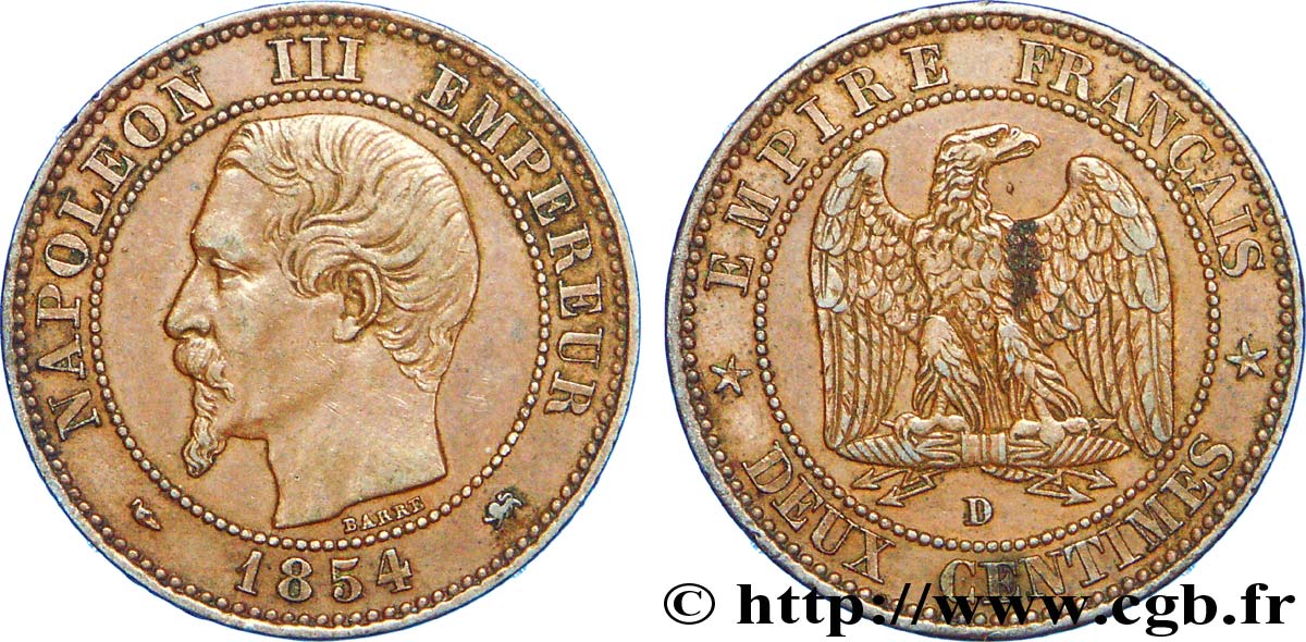 Deux centimes Napoléon III, tête nue, petit D et grand lion 1854 Lyon F.107/14 TTB 