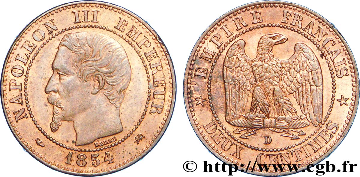 Deux centimes Napoléon III, tête nue, petit D et petit lion 1854 Lyon F.107/15 SPL 