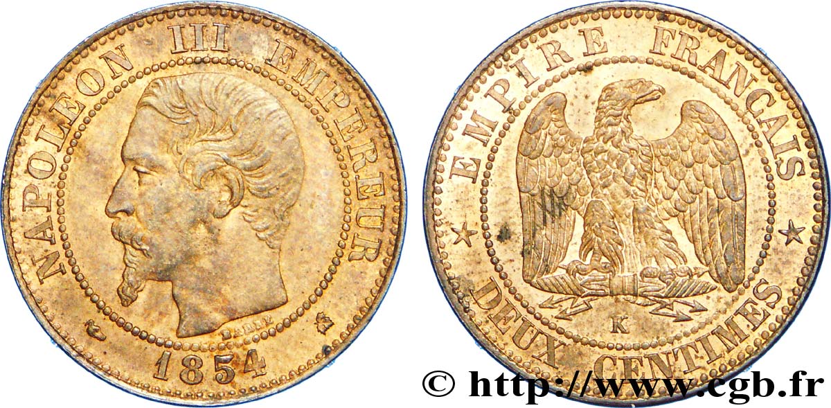 Deux centimes Napoléon III, tête nue 1854 Bordeaux F.107/16 EBC 