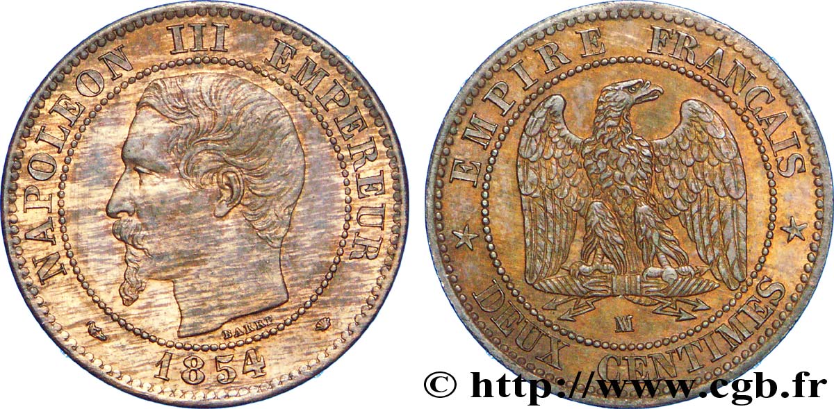 Deux centimes Napoléon III, tête nue 1854 Marseille F.107/17 EBC 