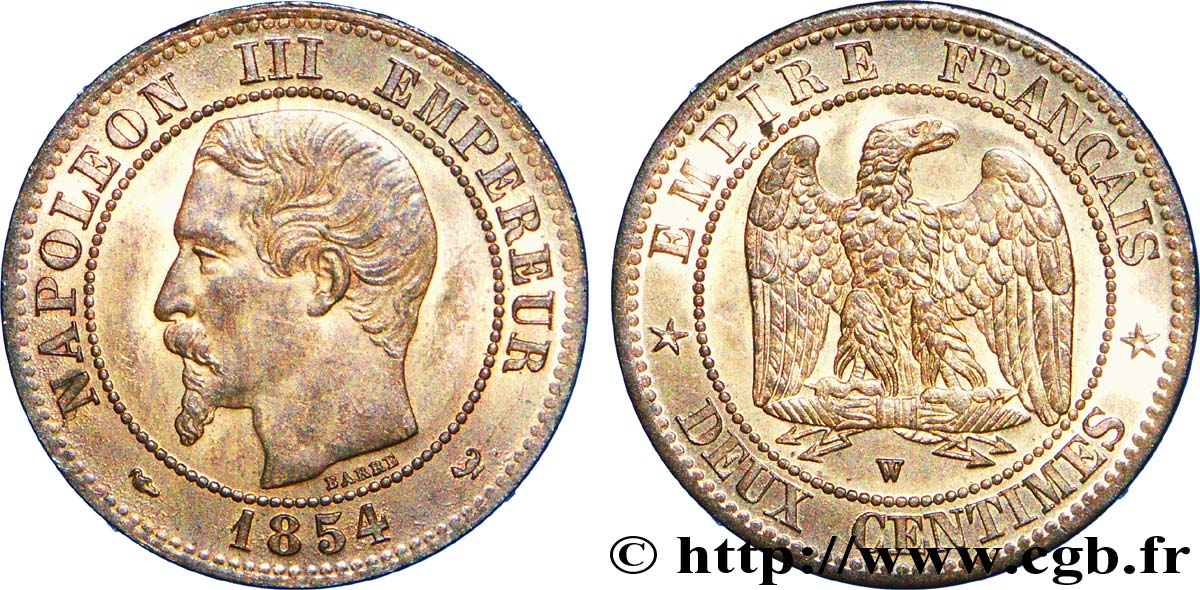 Deux centimes Napoléon III, tête nue 1854 Lille F.107/18 AU 