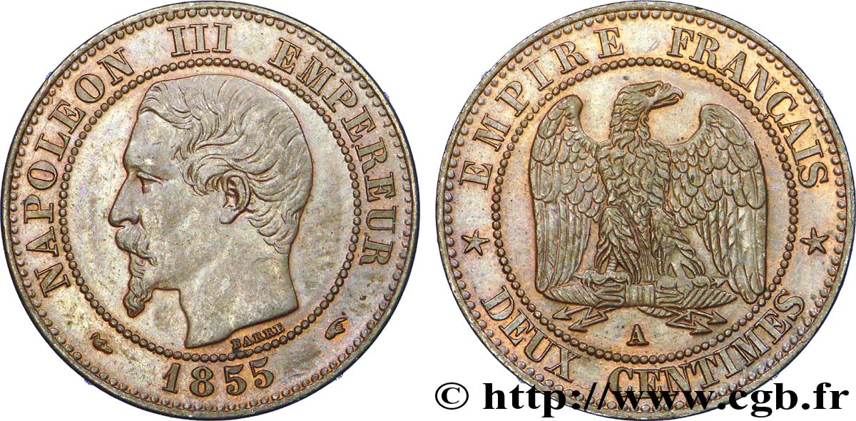 Deux centimes Napoléon III, tête nue, différent levrette 1855 Paris F.107/19 AU 