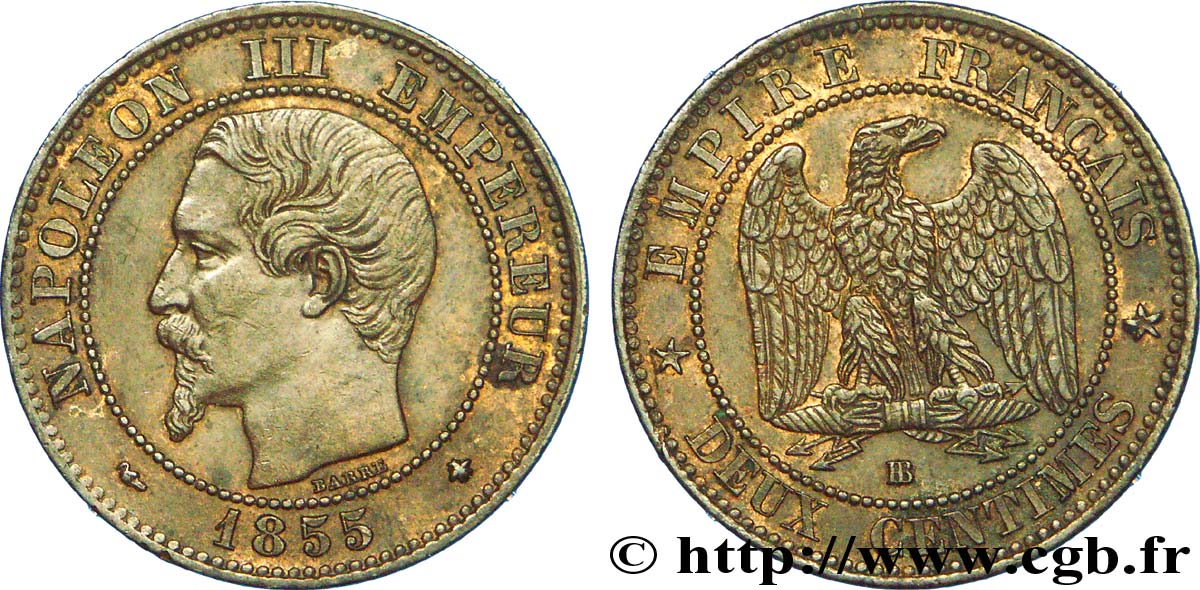Deux centimes Napoléon III, tête nue, différent levrette 1855 Strasbourg F.107/23 MBC 