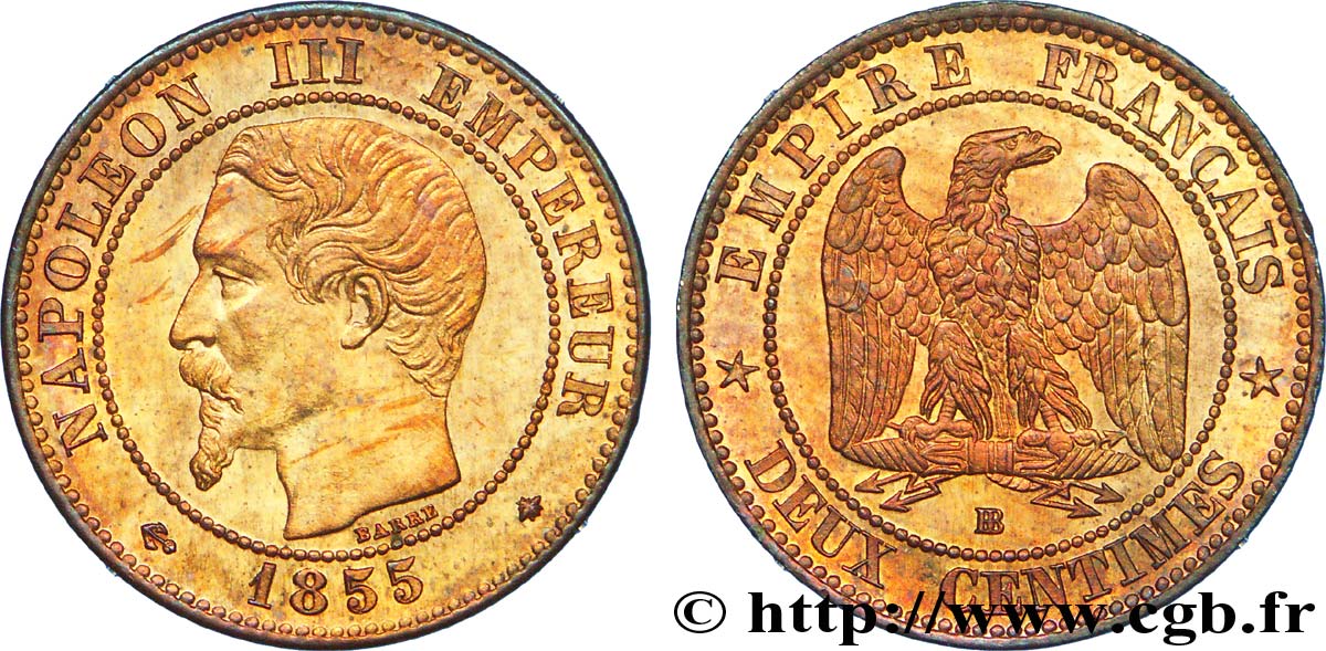 Deux centimes Napoléon III, tête nue, différent ancre 1855 Strasbourg F.107/24 EBC 