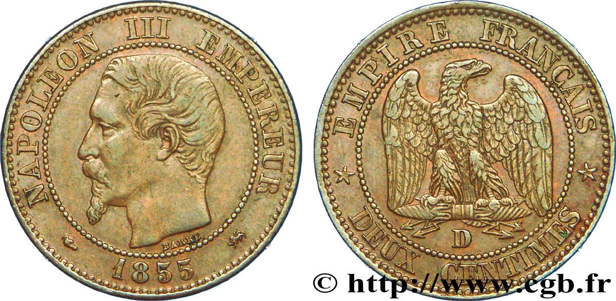 Deux centimes Napoléon III, tête nue, différent levrette, grand D et petit lion 1855 Lyon F.107/26 BB 