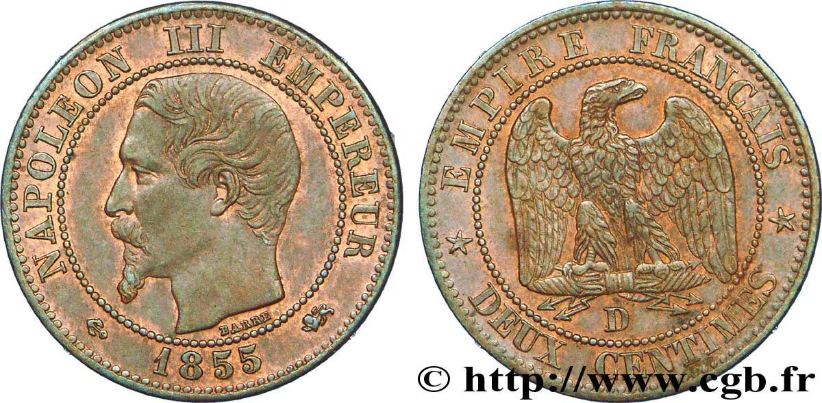 Deux centimes Napoléon III, tête nue, différent ancre, grand D et grand lion 1855 Lyon F.107/27 VZ 