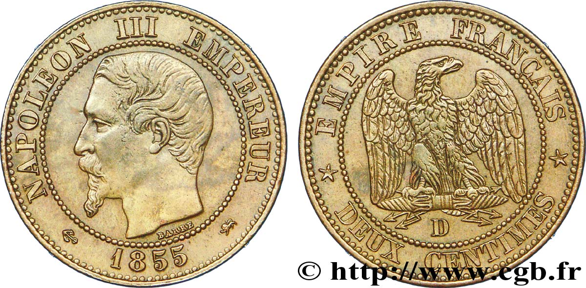Deux centimes Napoléon III, tête nue, différent ancre, grand D et petit lion 1855 Lyon F.107/28 TTB 