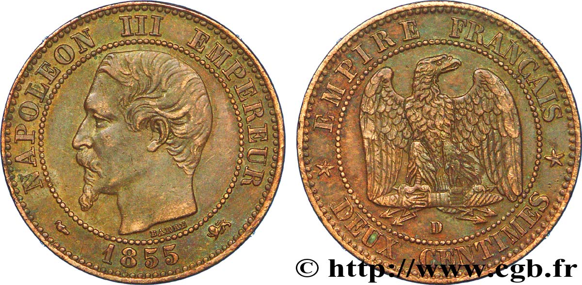 Deux centimes Napoléon III, tête nue, différent levrette, petit D et grand lion 1855 Lyon F.107/29 MBC 