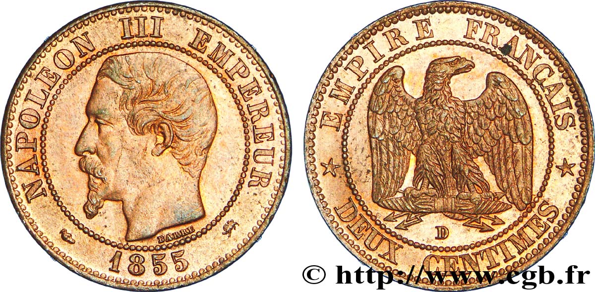 Deux centimes Napoléon III, tête nue, différent levrette, petit D et petit lion 1855 Lyon F.107/30 SPL 