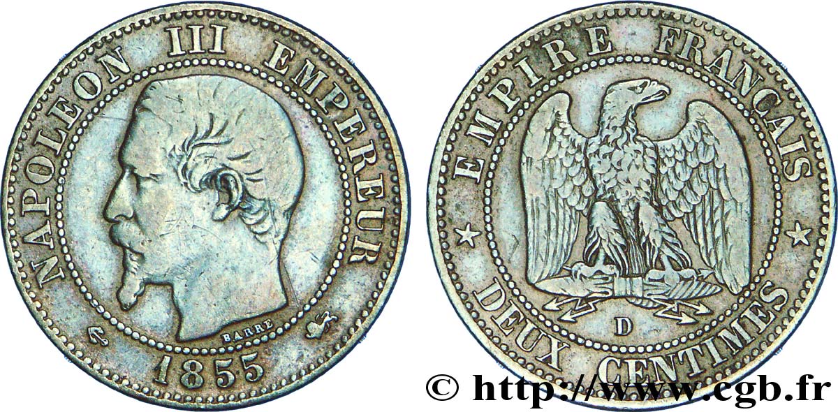 Deux centimes Napoléon III, tête nue, différent ancre, petit D et grand lion 1855 Lyon F.107/31 TB 