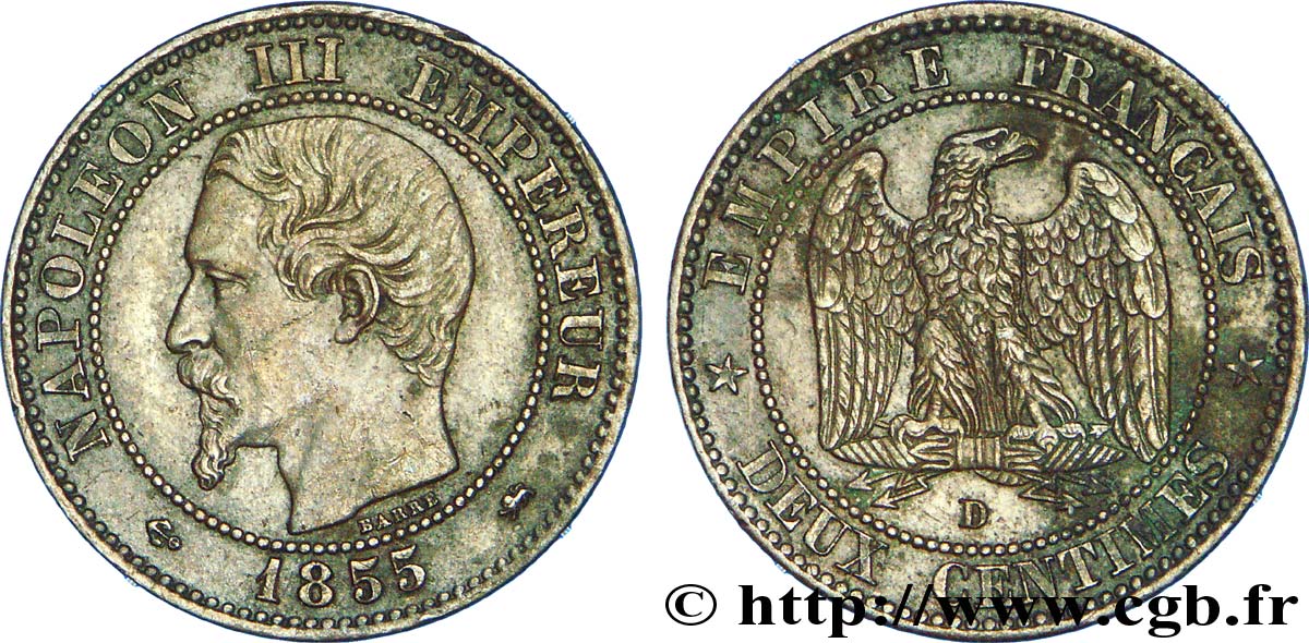 Deux centimes Napoléon III, tête nue, différent ancre, petit D et petit lion 1855 Lyon F.107/32 XF 