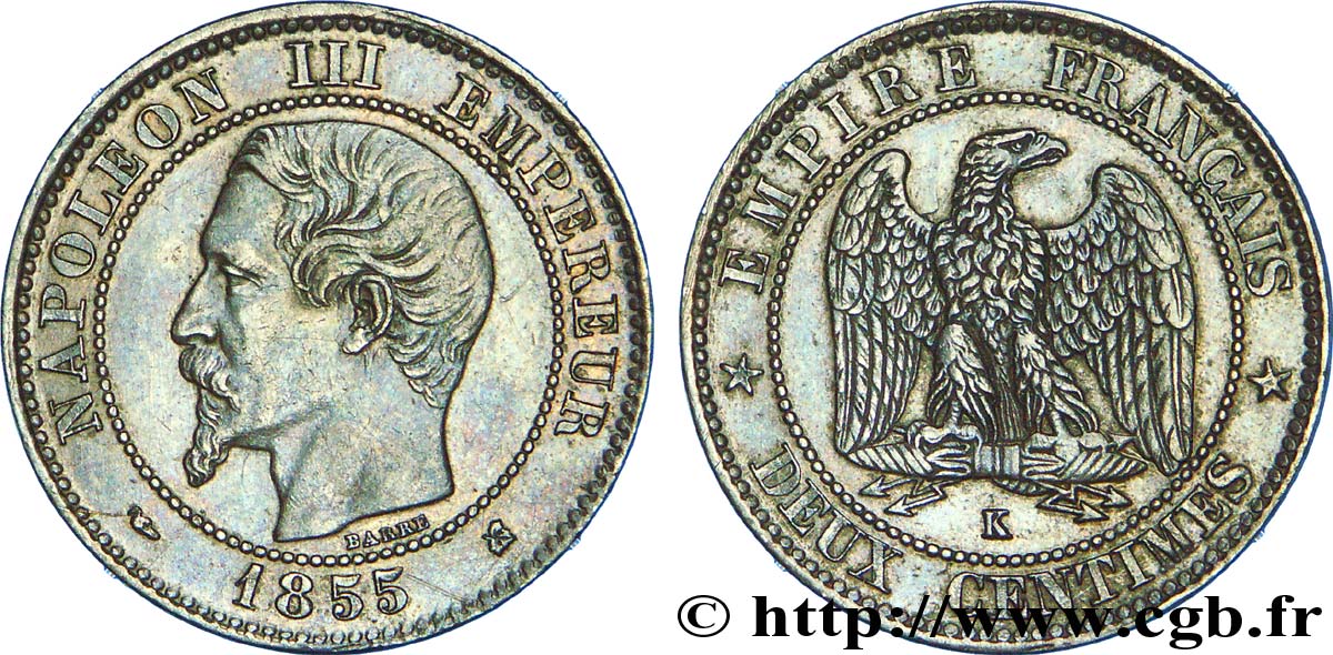 Deux centimes Napoléon III, tête nue, différent levrette 1855 Bordeaux F.107/33 BB 