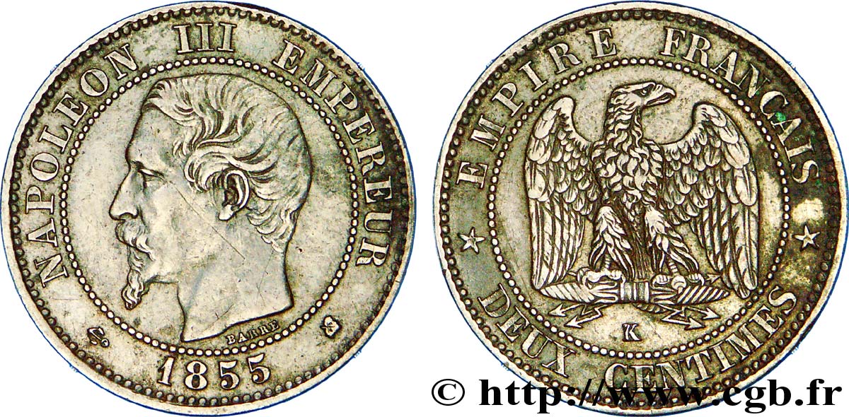 Deux centimes Napoléon III, tête nue, différent ancre 1855 Bordeaux F.107/34 TTB 