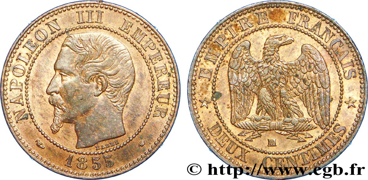 Deux centimes Napoléon III, tête nue, différent levrette 1855 Marseille F.107/35 SUP 