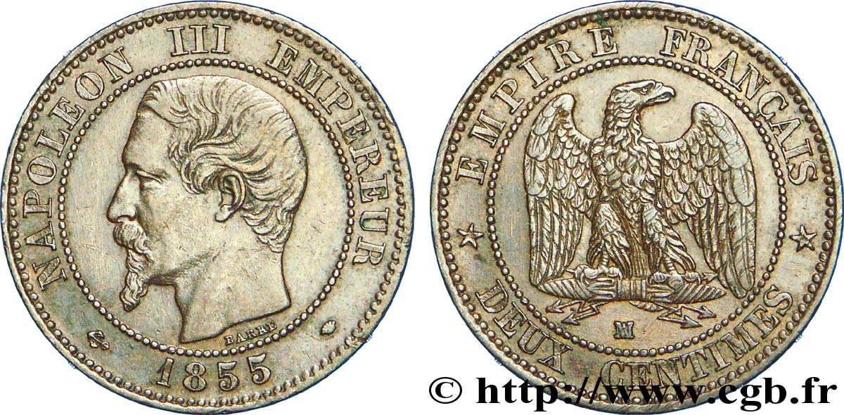 Deux centimes Napoléon III, tête nue, différent ancre 1855 Marseille F.107/36 MBC 
