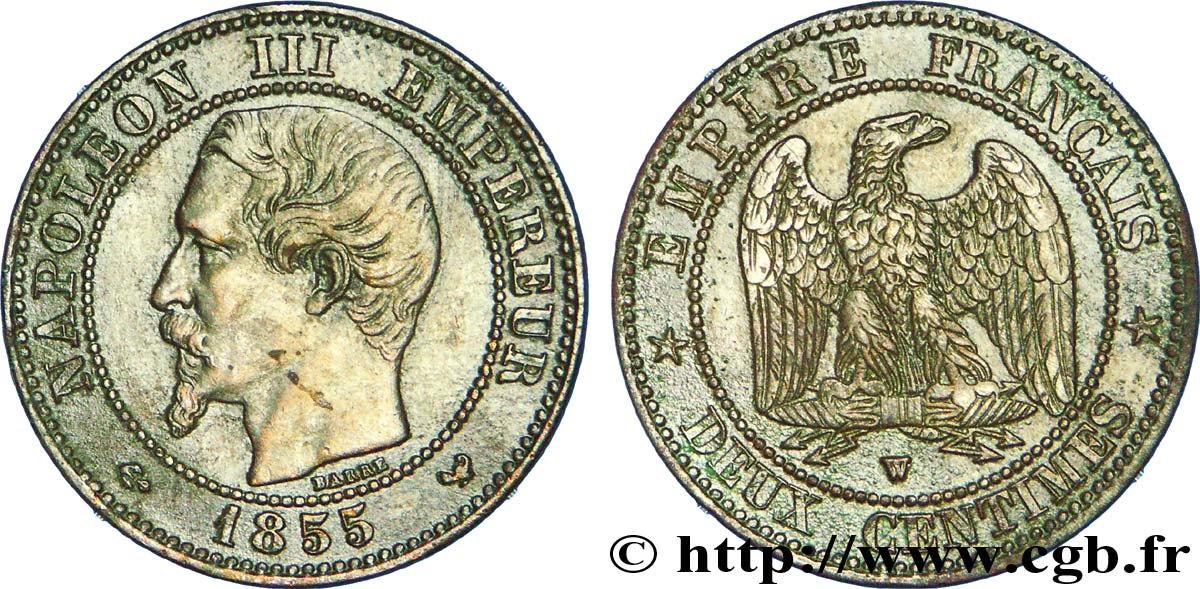 Deux centimes Napoléon III, tête nue 1855 Lille F.107/37 MBC 