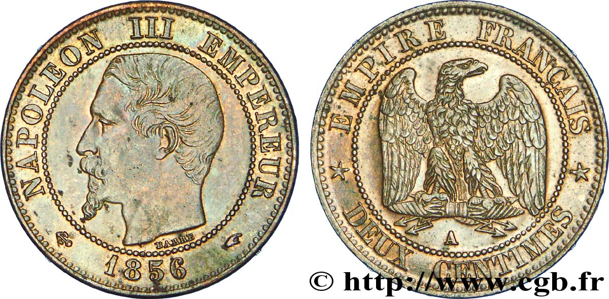 Deux centimes Napoléon III, tête nue 1856 Paris F.107/38 EBC 