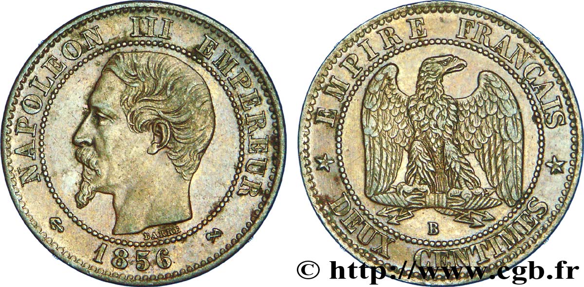 Deux centimes Napoléon III, tête nue 1856 Rouen F.107/39 TTB 