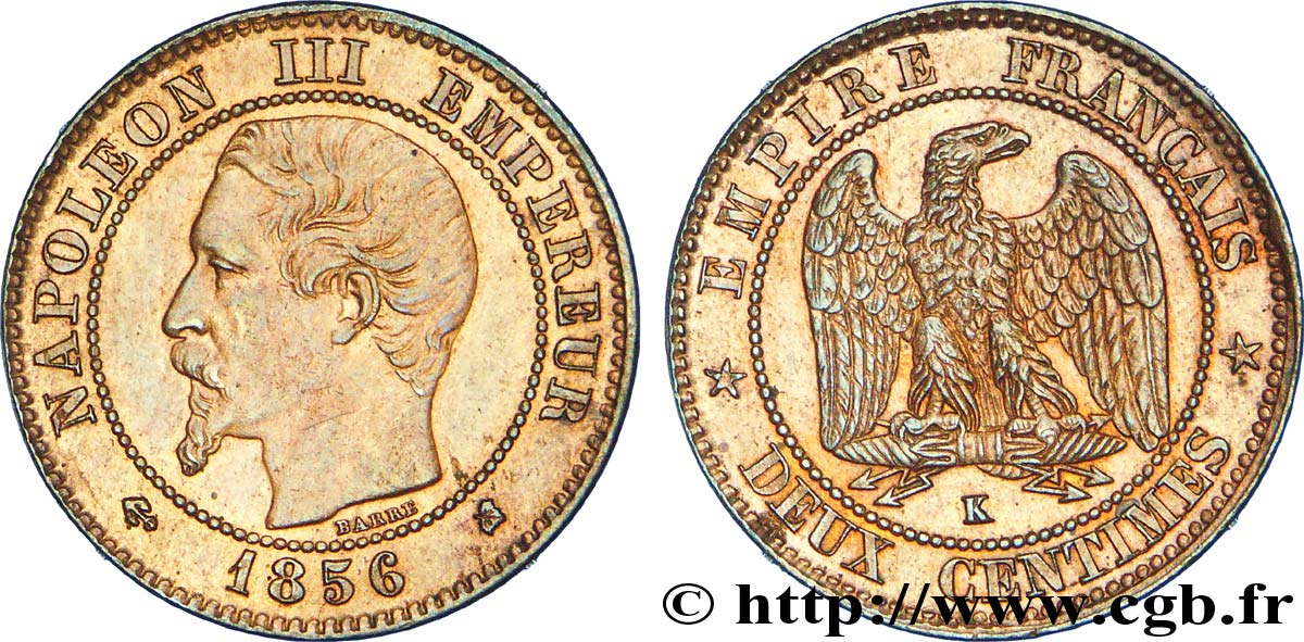 Deux centimes Napoléon III, tête nue 1856 Bordeaux F.107/41 XF 
